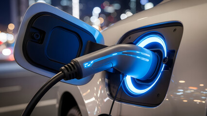 Electric car charging at night with glowing blue connector