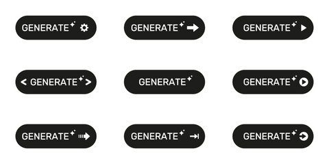 Generate Button Icon Set. Interactive User Interface Elements For Web And App Design Silhouette Symbol Collection. Includes Arrows, Gears, And Play Symbols. Isolated Vector Illustration