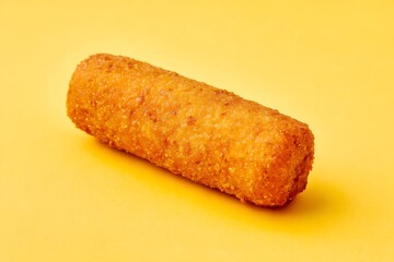 Crispy golden brown fried snack sits diagonally on a solid bright yellow background