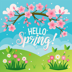Blooming Cherry Blossoms and Vibrant Flowers Announce the Arrival of Spring with a Cheerful "Hello Spring!" Message