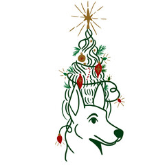 Creative Christmas Dog Illustration with Decorated Tree and Star on Transparent Background