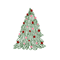 Minimal Hand Drawn Christmas Tree with Pink and Red Ornaments on Transparent Background