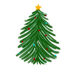 Hand Drawn Christmas Tree with Colorful Ornaments and Star Topper on Transparent Background