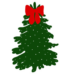 Simple Christmas Tree with Red Bow and Falling Snow on Transparent Background