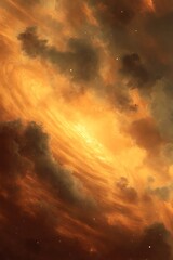 Brilliant celestial body radiates intense golden light through swirling cosmic dust clouds