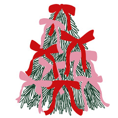 Modern Christmas Tree with Pink and Red Bows on Green Pine Branches