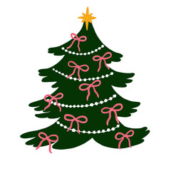 Cute Christmas Tree with Pink Bows and Beads on Transparent Background