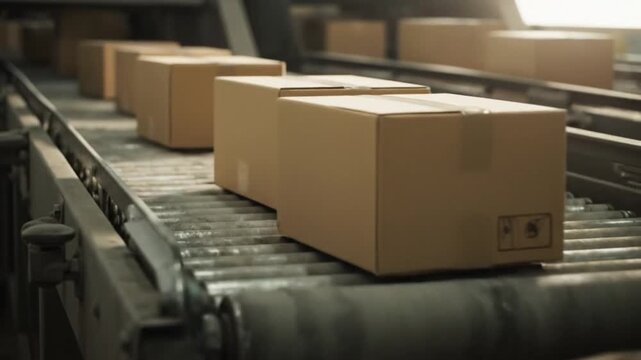 Cardboard Boxes Moving on Automated Conveyor Belt in Warehouse