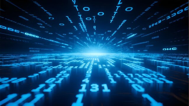 Digital data stream with binary code and glowing blue matrix tunnel effect