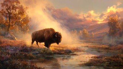Large bovine animal stands near a flowing stream during a vibrant sunset in an autumnal landscape