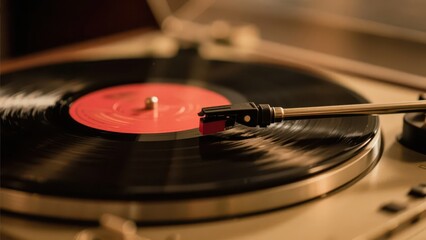 A vinyl record spins gently on a turntable; the stylus touches the grooves, and the warm tone creates a relaxed texture of retro music.