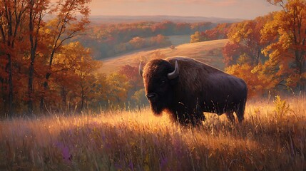 Majestic bovine mammal stands in sunlit grassy field amid vibrant autumnal foliage