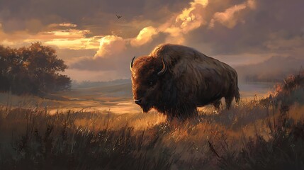 Majestic herbivore stands tall in a sunlit grassy plain during twilight