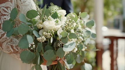 Bride holds lush bouquet of white blossoms and abundant green foliage outdoors