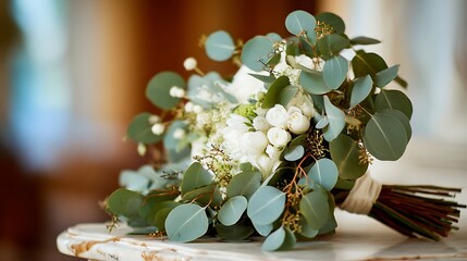 Elegant bridal bouquet featuring white blossoms and silvery green foliage rests on a polished surface