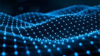 Abstract blue digital wave pattern with glowing dots and grid lines