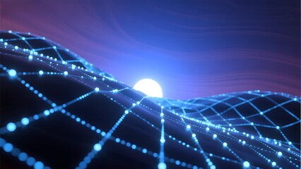 Abstract digital landscape with glowing blue network grid and luminous sphere against a cosmic background