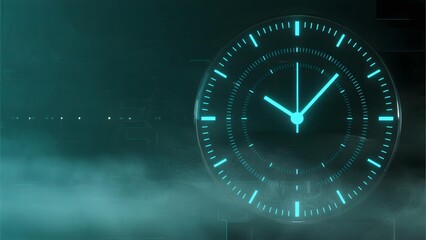 Digital clock with glowing blue hands and markings on a dark, misty background
