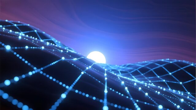 Abstract digital landscape with glowing blue network grid and luminous sphere against a cosmic background - Powered by Adobe