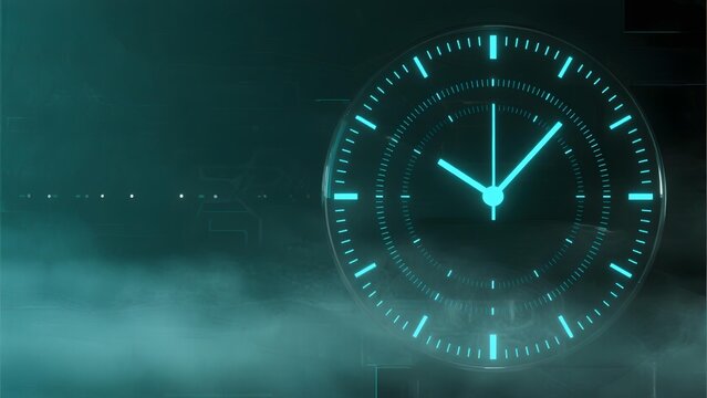 Digital clock with glowing blue hands and markings on a dark, misty background - Powered by Adobe