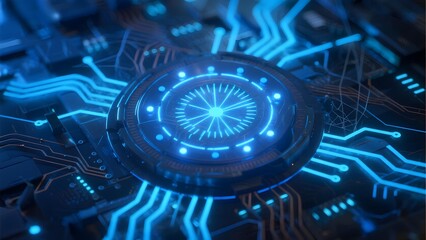 Close-up of a futuristic circuit board with glowing blue pathways and a central illuminated circular component.