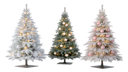 Three decorated trees stand together with bright lights isolated on transparent background