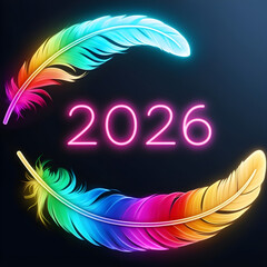 Abstract Neon Rainbow Feather with 2026 Text on Dark Background, Futuristic Glowing Digital Art