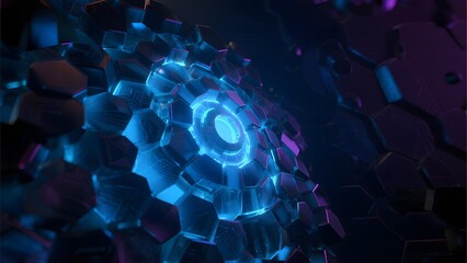 Abstract digital structure with glowing blue hexagonal patterns and central light source
