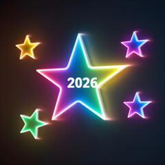 Abstract Neon Rainbow Stars with 2026 Text on Dark Background, Futuristic Glowing Digital Motion
