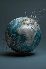 Stylized planetary sphere disintegrating into small fragments against a muted background