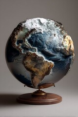 Artistic interpretation of a world globe featuring layered topography and fluid ocean representation