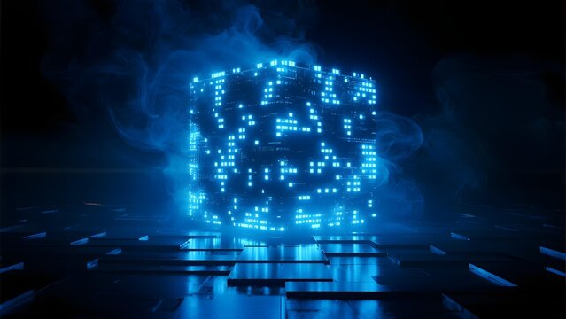 Digital cube composed of glowing blue dots forming a futuristic data structure in a dark environment with reflective surface