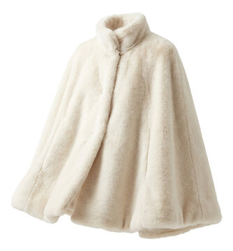 Ivory faux fur cape featuring a high collar and secure hook-and-eye closures.