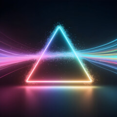 Futuristic Glowing Particle Triangle in Rainbow Colors on Dark Background
