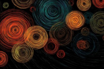 Abstract composition features overlapping, textured concentric circles against a deep black background