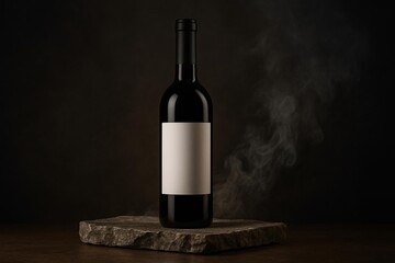 Elegant Wine Bottle Mockup on Stone Surface with Smoky Atmosphere