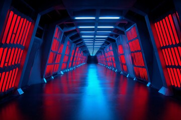 Futuristic corridor illuminated by contrasting deep blue and vibrant red lighting