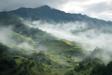 Lush green stepped agricultural terraces ascend steep mountain slopes partially obscured by heavy fog