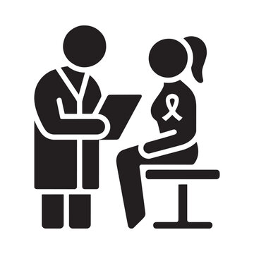 Doctor consulting with a female patient showing a breast cancer awareness ribbon