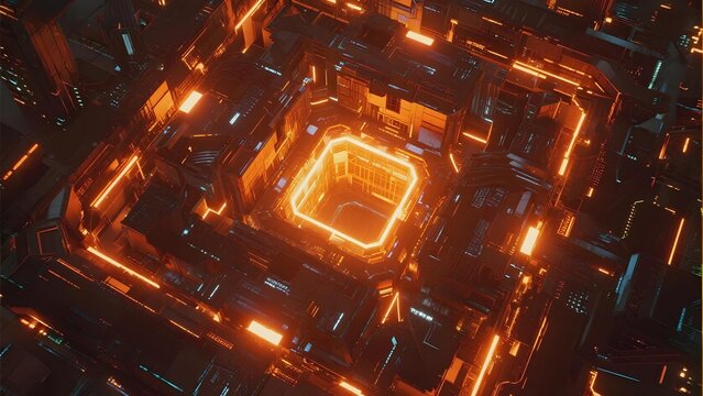 Futuristic neon-lit geometric structure with glowing orange pathways and symmetrical design - Powered by Adobe