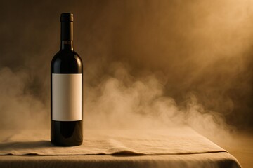 Elegant Wine Bottle Mockup with Blank Label on Smoky Background for Branding
