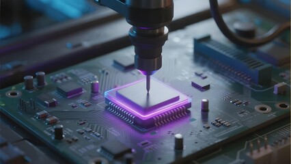 Precision drilling on a semiconductor chip mounted on a circuit board under illuminated conditions
