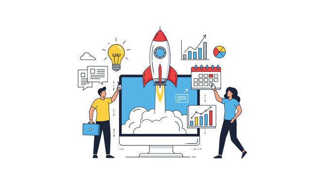 Dynamic business startup concept showing a team launching a rocket from a computer screen for new innovation.