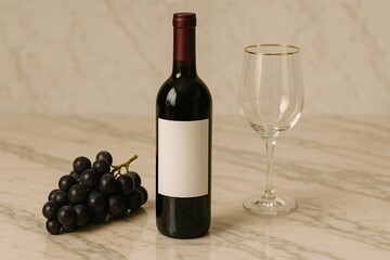Obraz premium Elegant Wine Bottle Mockup with Grapes and Glass on Marble Surface