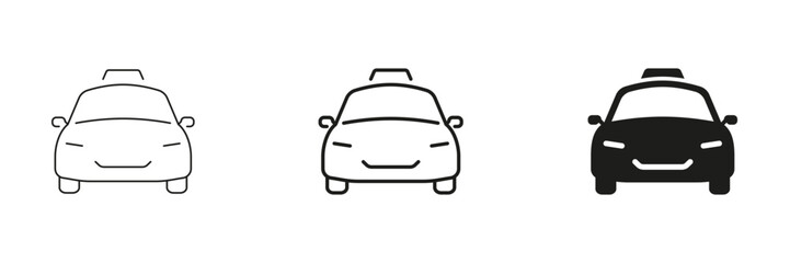 Obraz premium Taxi Front View Line And Solid Icon Set. Urban Transportation, Taxi Service, And Ride-Hailing Outline And Silhouette Symbol Collection. Public Transport. Isolated Vector Illustration