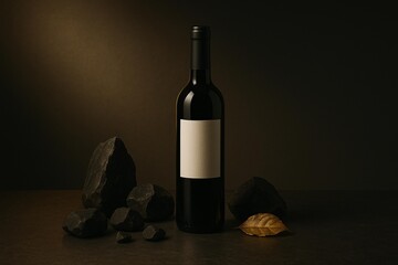 Elegant Wine Bottle Mockup with Rocks and Leaf in Minimalist Setting