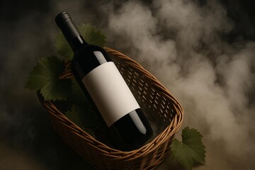 Realistic Wine Bottle Mockup in Wicker Basket with Blank Label and Leaf Decor