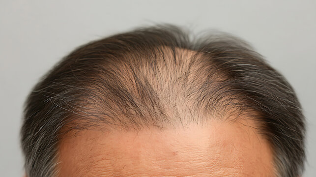 Close-up shot of a person's hairline showing signs of hair thinning. Light gray background. Focus is on the density and receding hairline. Visible skin on the forehead.