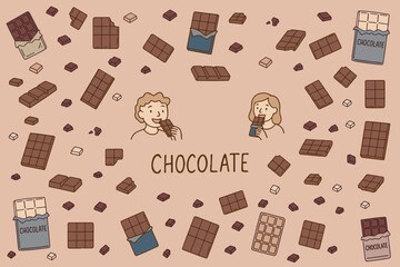  A fun vector illustration with cheerful characters enjoying chocolate bars surrounded by various chocolate pieces. Ideal for projects related to sweets, happiness, and indulgence.