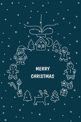 Christmas-themed vector illustration featuring Santa, gingerbread, gifts, and decorations arranged in a festive wreath pattern. Perfect for holiday greetings and festive designs.